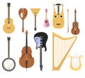 Set of stringed musical instruments classical orchestra art sound tool and acoustic symphony stringed fiddle wooden