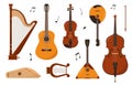Set of Stringed musical instruments and notes isolated
