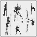 Set of strip plastic and pole dance emblems, labels and design elements. Girls on the pole. Royalty Free Stock Photo