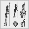 Set of strip plastic and pole dance emblems, labels and design elements. Girls on the pole.