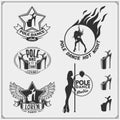 Set of strip plastic and pole dance emblems, labels and design elements. Girls on the pole.