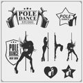 Set of strip plastic and pole dance emblems, labels and design elements. Girls on the pole. Royalty Free Stock Photo