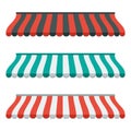 Set of striped awnings for shop and marketplace. Isolated and colorful. Flat design. Vector