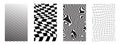 Set of striped, distorted checkered and curvy backgrounds. Psychedelic patterns with warped squares, straight wavy lines