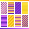 Set of Striped Violet and Yellow Seamless Patterns. Harmonious Composition of Orange and Lilac Linear Recurring Motives