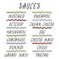 Set Strips of Different Sauces. Fast Food Collection. Realistic Hand Drawn High Quality Vector Illustration. Doodle Style. Royalty Free Stock Photo