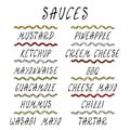 Set Strips of Different Sauces. Fast Food Collection. Realistic Hand Drawn High Quality Vector Illustration. Doodle Royalty Free Stock Photo