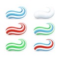 Set of strokes of colored toothpaste, blue, red, green and white, for oral hygiene, daily care, vector