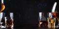 Set of strong alcoholic drinks in glasses and shot glass in assortent: vodka, rum, cognac, tequila, brandy and whiskey. Dark