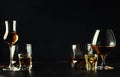 Set of strong alcoholic drinks in glasses and shot glass in assortent: vodka, rum, cognac, tequila, brandy and whiskey. Dark