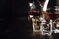 Set of strong alcoholic drinks in glasses and shot glass in assortent: vodka, rum, cognac, tequila, brandy and whiskey. Dark Royalty Free Stock Photo