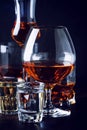 Set of strong alcoholic drinks in glasses and shot glass in assortent: vodka, rum, cognac, tequila, brandy and whiskey. Dark