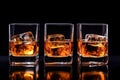 Set of strong alcoholic drinks in glasses and shot glass in assortent: vodka, rum, cognac, tequila, brandy and whiskey. Dark Royalty Free Stock Photo