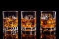 Set of strong alcoholic drinks in glasses and shot glass in assortent: vodka, rum, cognac, tequila, brandy and whiskey. Dark Royalty Free Stock Photo