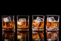 Set of strong alcoholic drinks in glasses and shot glass in assortent: vodka, rum, cognac, tequila, brandy and whiskey. Dark Royalty Free Stock Photo