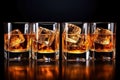 Set of strong alcoholic drinks in glasses and shot glass in assortent: vodka, rum, cognac, tequila, brandy and whiskey. Dark Royalty Free Stock Photo