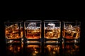 Set of strong alcoholic drinks in glasses and shot glass in assortent: vodka, rum, cognac, tequila, brandy and whiskey. Dark Royalty Free Stock Photo