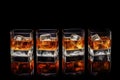 Set of strong alcoholic drinks in glasses and shot glass in assortent: vodka, rum, cognac, tequila, brandy and whiskey. Dark Royalty Free Stock Photo