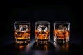 Set of strong alcoholic drinks in glasses and shot glass in assortent: vodka, rum, cognac, tequila, brandy and whiskey. Dark Royalty Free Stock Photo