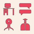 Set Student, Computer monitor and desk, Speech bubble chat and Web camera icon. Vector Royalty Free Stock Photo