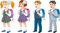 Set of students with backpack on a white background.