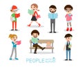 Set of students with books,people reading book, Vector Illustration. Royalty Free Stock Photo