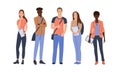 Set of students, boys and girls of various nationalities. Color vector illustration of a flat style. White isolated