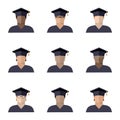 Set of students boys set in a graduate cap of different races, nationalities and skin colors, color image, icon Royalty Free Stock Photo