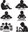 Set of studying people silhouettes reading, writing, learning, and playing chess vector Royalty Free Stock Photo