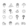 Set of stuff for Valentines Day with bouquet and gift. Modern outline icon