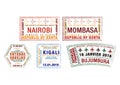 Set of stylised passport stamps for major airports of Kenya, Uganda, Rwanda and Burundi in vector format. Royalty Free Stock Photo