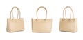 Set with stylish beige women`s bags on white background. Banner design