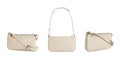Set with stylish beige women`s bags on white background. Banner design