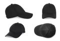 Set with stylish black baseball caps on white background Royalty Free Stock Photo