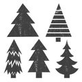 Set of 5 stylish black graphic textured isolated christmas trees.