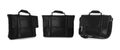 Set of stylish black leather briefcases on white. Banner design