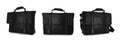 Set of stylish black leather briefcases on white background. Banner design