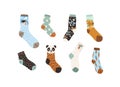 Set of stylish cotton and woolen socks with different drawings, patterns and designs. Collection of cute trendy winter