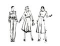 Set of Stylish fashion models. Pretty young girls. Fashion woman Sketch