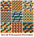 Set of 9 stylish geometric seamless patterns with windmill, circle, rectangle, square and triangle shapes of blue, golden, orange, Royalty Free Stock Photo