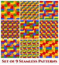 Set of 9 stylish geometric seamless patterns with windmill, circle, rectangle, square and triangle shapes of blue, yellow, orange, Royalty Free Stock Photo