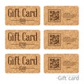 Set of stylish gift card templates on cork texture background. Vector design