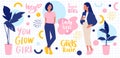 Set with Stylish girls and hand lettering. Bright Stickers collection.