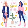 Set with Stylish girls and hand lettering. Bright Stickers collection.