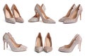 Set of stylish high heel shoes with glitters on white