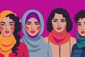 Set of stylish Muslim women. Arab girls in traditional casual clothes and headwear. Female characters in fashionable outfits,