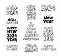 Set of stylish New Year\'s inscriptions drawn by hand with a marker. Lettering. New Year greeting card. Comic font