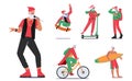 Set Stylish Santa Claus Character Sing Rap, Riding Skateboard, Scooter or Bicycle, Enjoy Surfing Sport, Use Mobile Phone