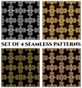 Set of 4 stylish seamless patterns with golden, silver and bronze fractal ornament on dark background Royalty Free Stock Photo