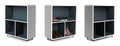 Set with stylish shelving units for shoes on background, banner design
